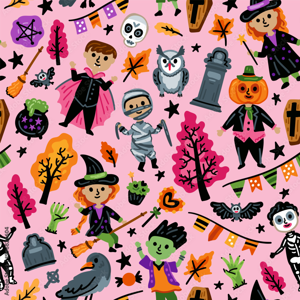 Seamless pattern of Halloween characters, Children in funny and scary witch, vampire and monster costumes background Seamless pattern of Halloween characters, Children in funny and scary witch, vampire and monster costumes background
