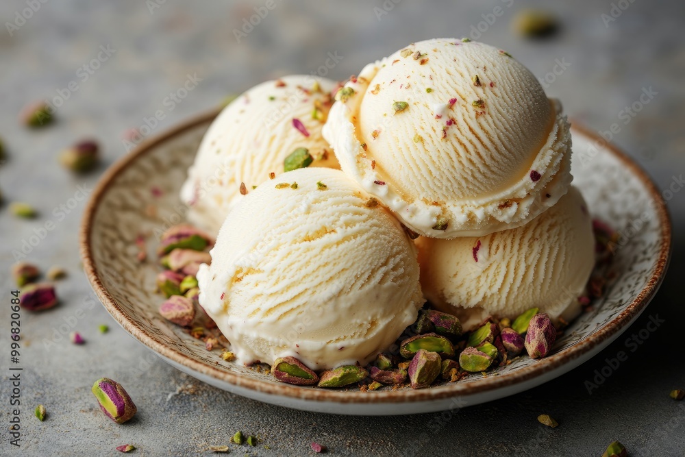 Vanilla ice cream scoops with pistachios. This photo showcases a delicious dessert perfect for representing the taste of vanilla ice cream and pistachios. Vanilla ice cream scoops with pistachios. This photo showcases a delicious dessert perfect for representing the taste of vanilla ice cream and pistachios.