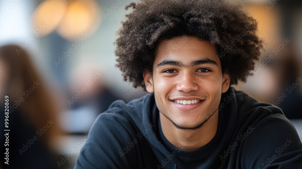 A joyful student sits in a college lecture hall, enjoying the academic experience with classmates A joyful student sits in a college lecture hall, enjoying the academic experience with classmates