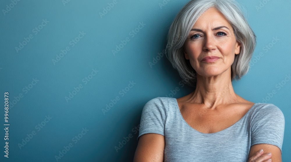 A senior woman stands with crossed arms, showing a thoughtful expression against a blue wall A senior woman stands with crossed arms, showing a thoughtful expression against a blue wall