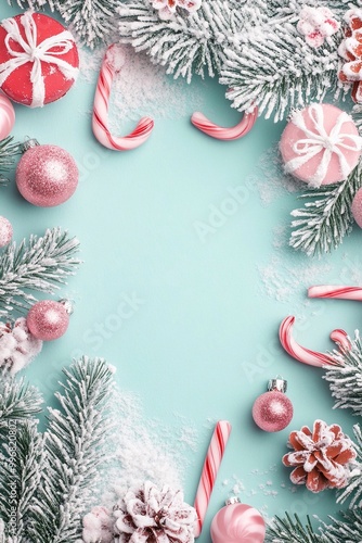 Sfondo color azzurro per testo e immagini. Elemento natalizio rosa e bianco come cornice dell'immagine. Design piatto.