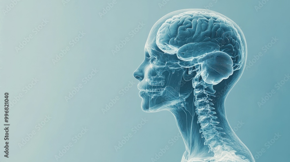 Profile of a human head with a visible brain and spine, against a blue background. Profile of a human head with a visible brain and spine, against a blue background.