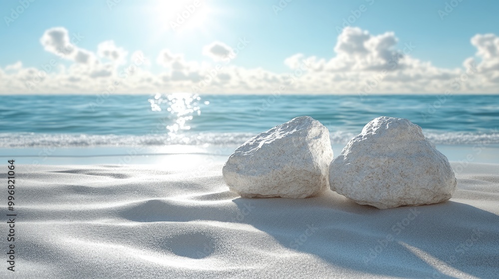 Two white rocks on a sandy beach. Perfect for showcasing products, beach-themed designs, or vacation-related content. Two white rocks on a sandy beach. Perfect for showcasing products, beach-themed designs, or vacation-related content.