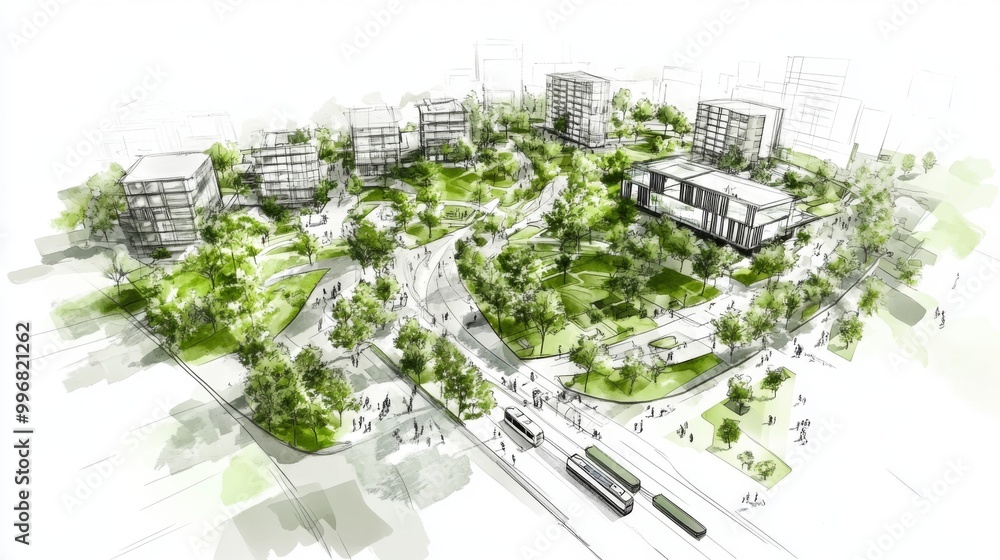 Fototapeta premium Urban planning sketch emphasizing sustainable design concepts.