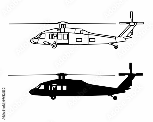 Black Hawk helicopter silhouette and sketch illustration 
