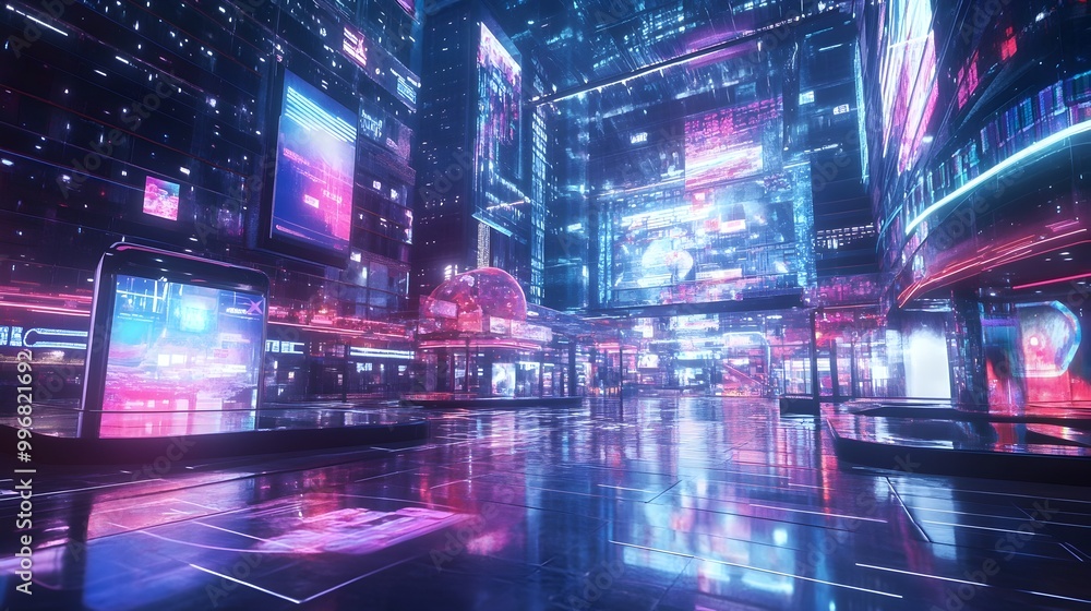 Futuristic digital marketplace scene with holographic product displays virtual reality shopping technology and neon lit shopping plaza in a clean minimalist retrofuturistic urban cityscape Futuristic digital marketplace scene with holographic product displays virtual reality shopping technology and neon lit shopping plaza in a clean minimalist retrofuturistic urban cityscape