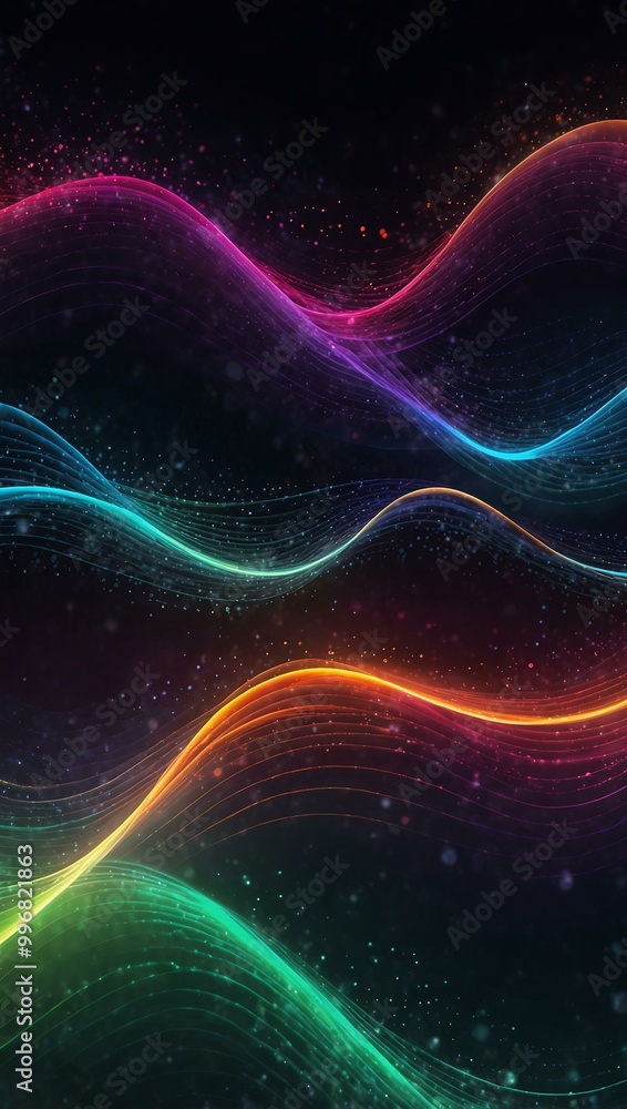 Abstract wave background with neon lines and glowing particles. Abstract wave background with neon lines and glowing particles.
