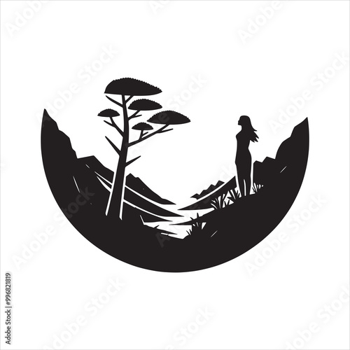 Lone hiker on mountain cliff with scenic tree and distant landscape, nature adventure silhouette vector