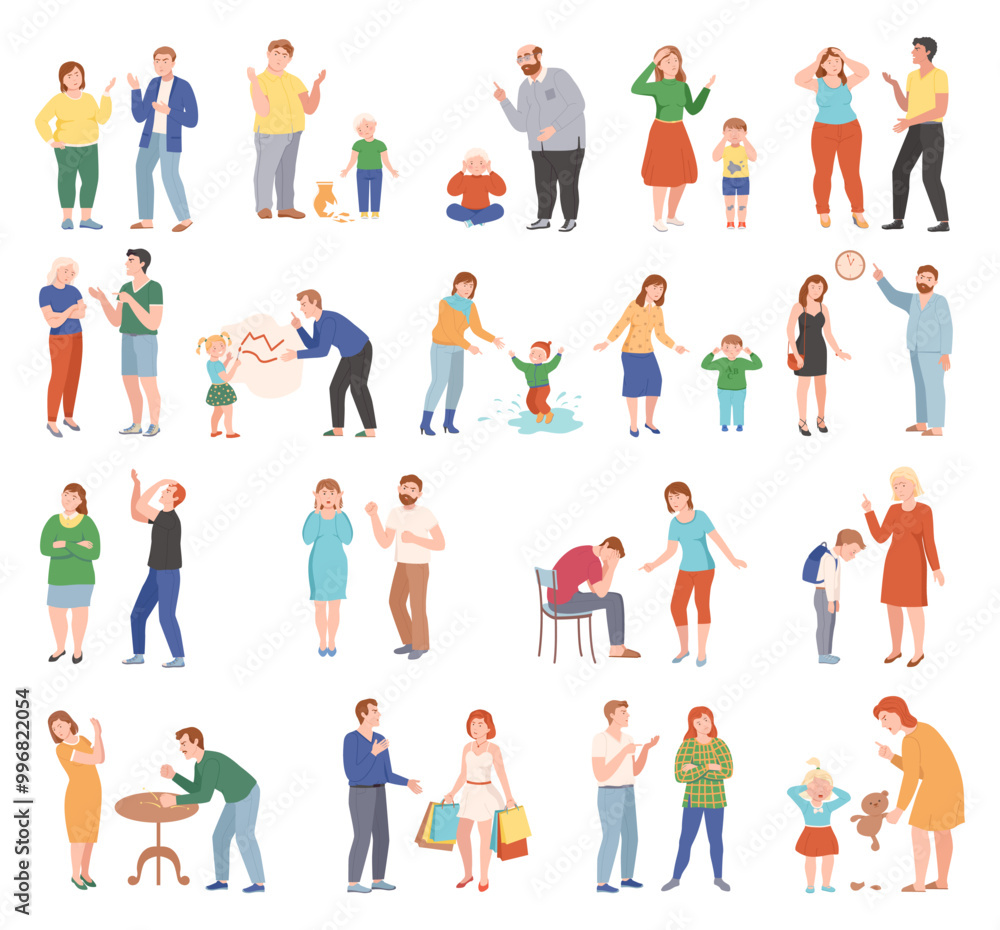Family Conflict with Parent Scolding and Suffering Child Vector Set Family Conflict with Parent Scolding and Suffering Child Vector Set