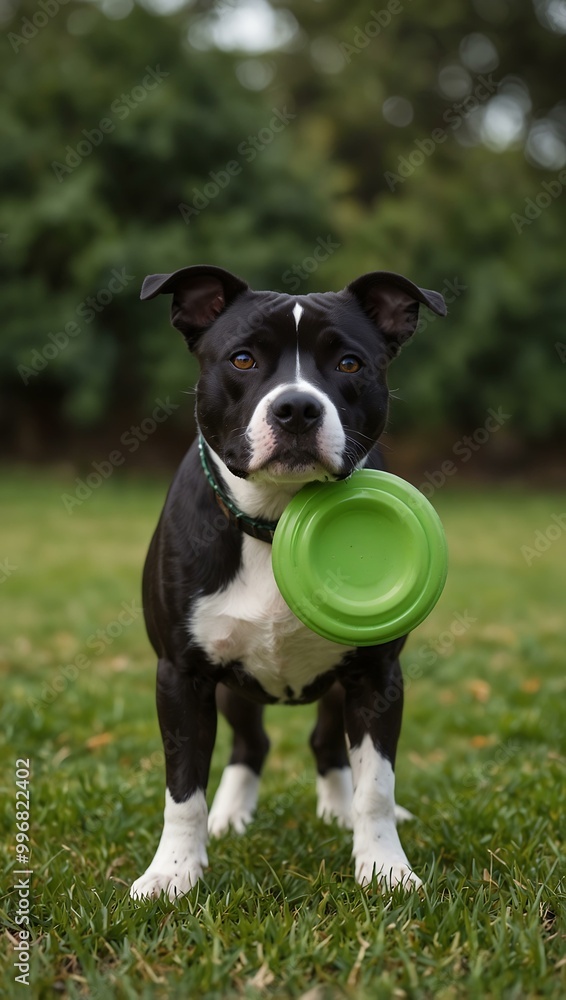Adorable black and white Staffordshire bull terrier with a green frisbee. Adorable black and white Staffordshire bull terrier with a green frisbee.