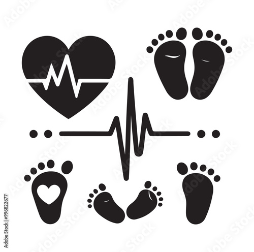 Set of heart pulse with heart and babys feet vector flat style silhouette vector illustration