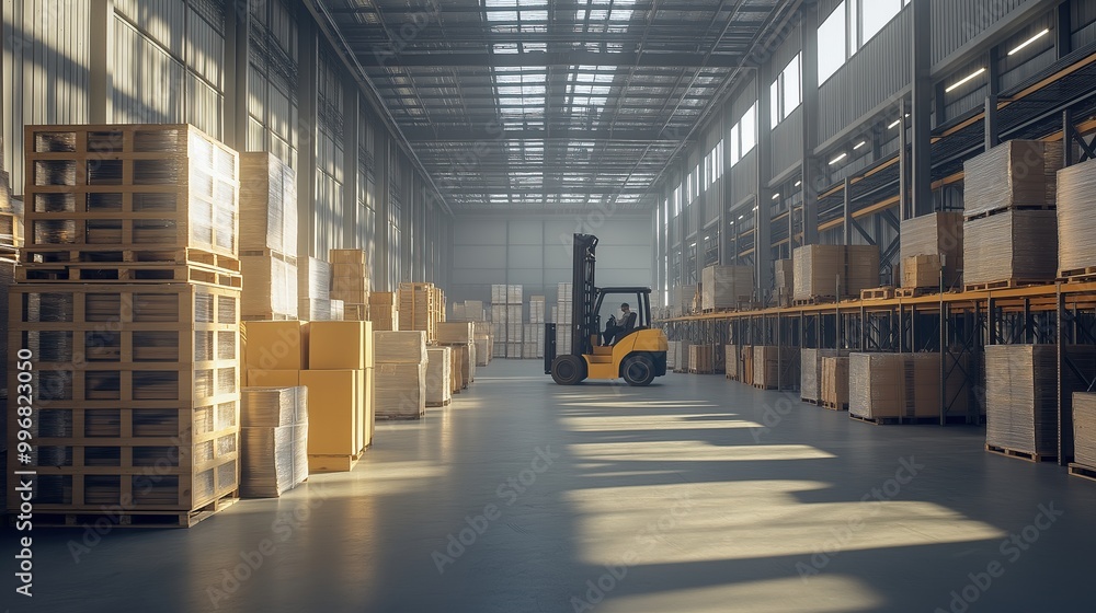 Large warehouse interior with stacked pallets and boxes, forklift in operation, industrial storage, logistics and distribution concept, sunlight streaming through windows Large warehouse interior with stacked pallets and boxes, forklift in operation, industrial storage, logistics and distribution concept, sunlight streaming through windows