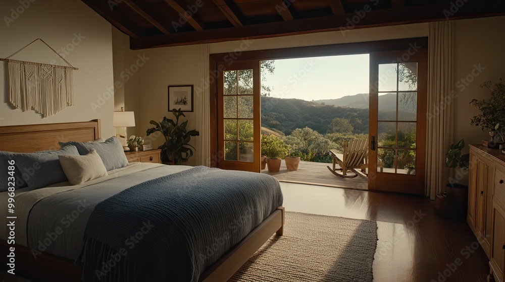 Obraz premium This modern boho bedroom features a wooden bed with a blue-gray blanket, macrame wall hanging, and green plants by the window revealing a beautiful natural landscape outside