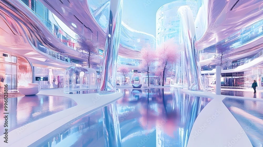 Gleaming Cyber Marketplace with Ethereal Data Driven Displays and Hover Powered Shopping Carts for Customizable Avatar Shoppers in a Futuristic Floating City Setting Gleaming Cyber Marketplace with Ethereal Data Driven Displays and Hover Powered Shopping Carts for Customizable Avatar Shoppers in a Futuristic Floating City Setting