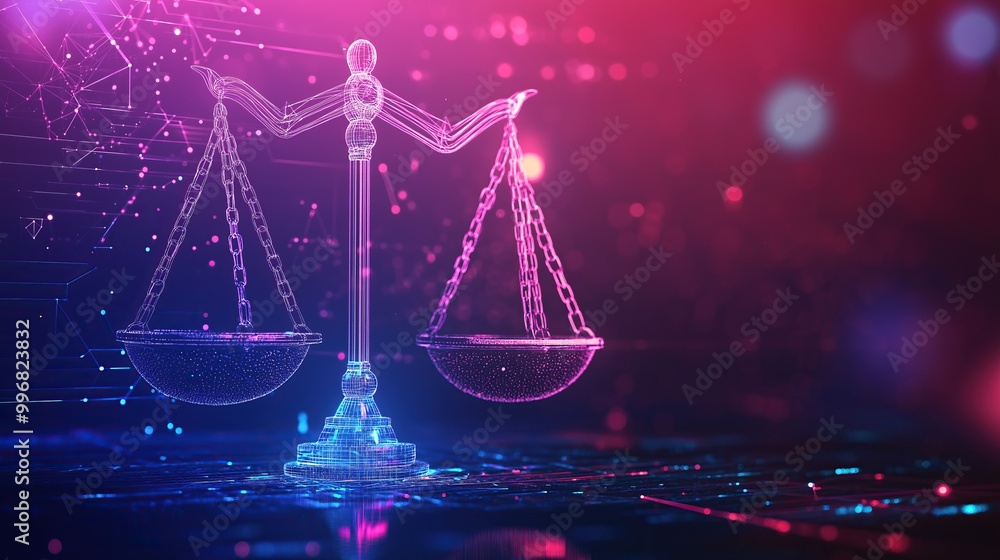 Digital scales of justice with neon pink glow, futuristic concept of law and balance in the digital world, cyber legal representation Digital scales of justice with neon pink glow, futuristic concept of law and balance in the digital world, cyber legal representation