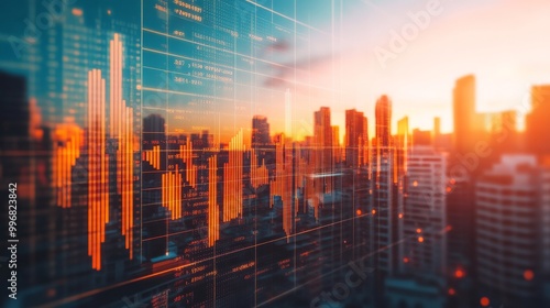 Futuristic City Skyline at Sunset with Financial Data Overlay