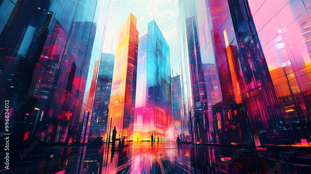 Obraz premium Gleaming sales assistants presenting holographic product catalogs in sleek hover carts against a backdrop of towering glass skyscrapers showcasing a futuristic