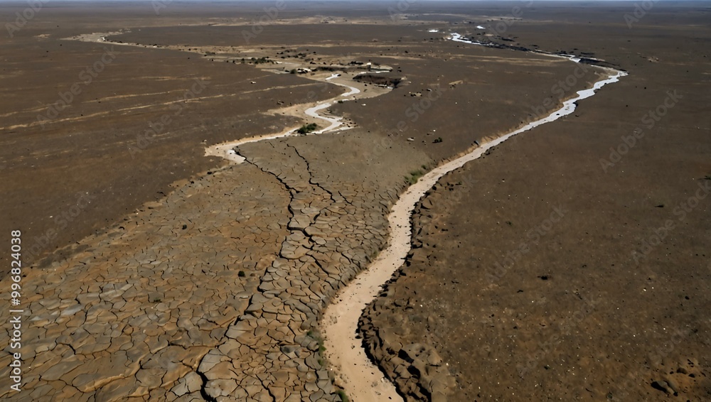 Aerial view of a dried-up riverbed stretching across the landscape. Aerial view of a dried-up riverbed stretching across the landscape.