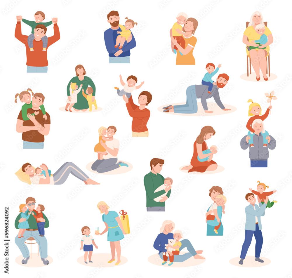 Happy Parent with Kid Playing and Cuddle Vector Set Happy Parent with Kid Playing and Cuddle Vector Set