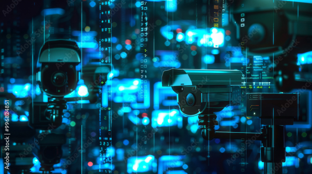 Security cameras with connected digital data points, background Security cameras with connected digital data points, background