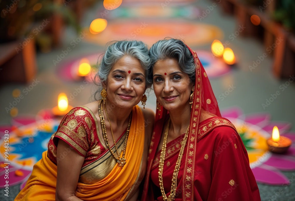 Two Elderly Indian Women Joyfully Celebrating Diwali with Rangoli and Candles Two Elderly Indian Women Joyfully Celebrating Diwali with Rangoli and Candles