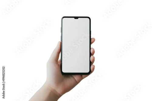 Smartphone Mockup with Blank Screen Held in Hand, Isolated Mobile Device for App Display and Digital Technology, Perfect for Tech Designs and Mobile Templates