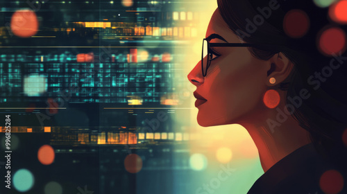 Profile of indian woman with glasses looking at data on digital screen