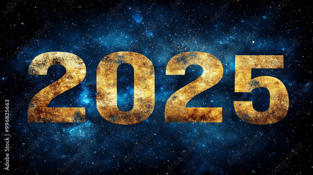 The year 2025 in glowing orange digits against starry cosmic background The year 2025 in glowing orange digits against starry cosmic background