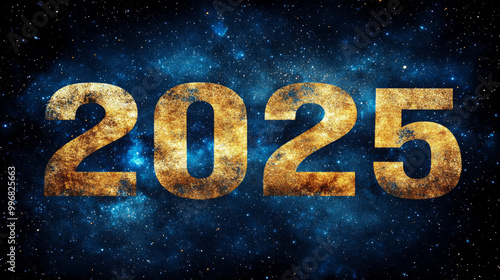 The year 2025 in glowing orange digits against starry cosmic background