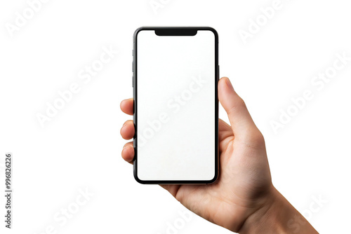 Smartphone Mockup with Blank Screen Held in Hand, Isolated Mobile Device for App Display and Digital Technology, Perfect for Tech Designs and Mobile Templates