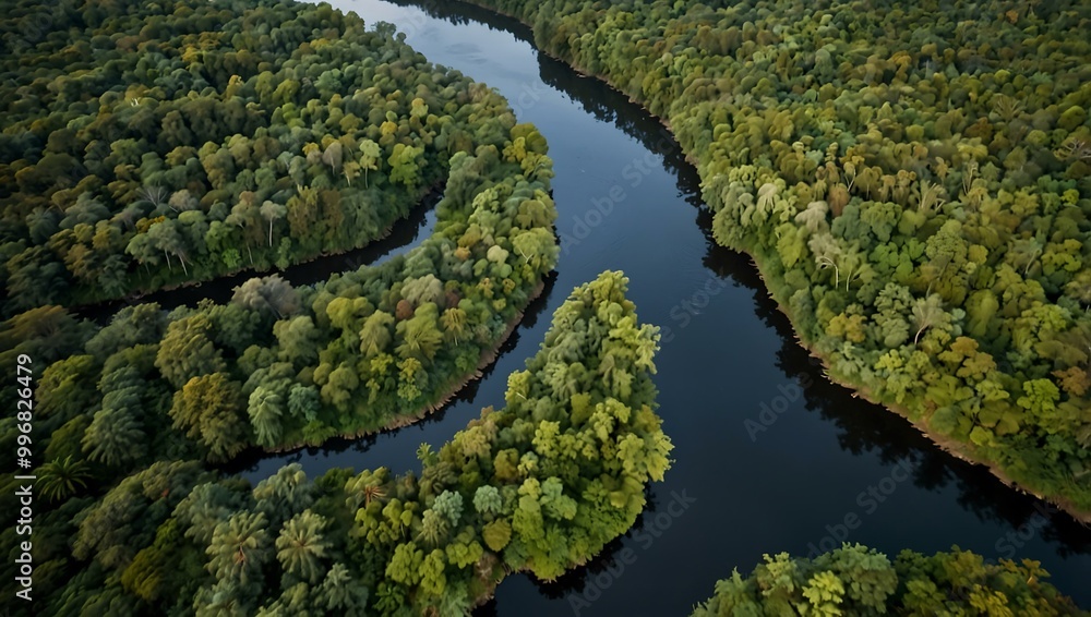 Aerial view of river-formed terrain surrounded by lush vegetation. Aerial view of river-formed terrain surrounded by lush vegetation.