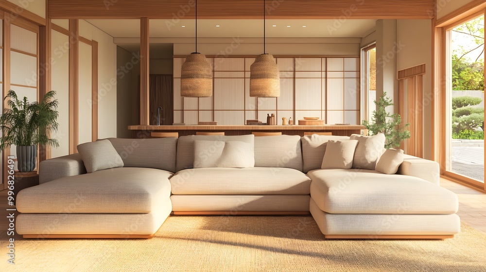 Cozy and welcoming open concept living room featuring a large sectional sofa and a tasteful blend of modern and classic elements the color accents bringing warmth and character soft lighting Cozy and welcoming open concept living room featuring a large sectional sofa and a tasteful blend of modern and classic elements the color accents bringing warmth and character soft lighting