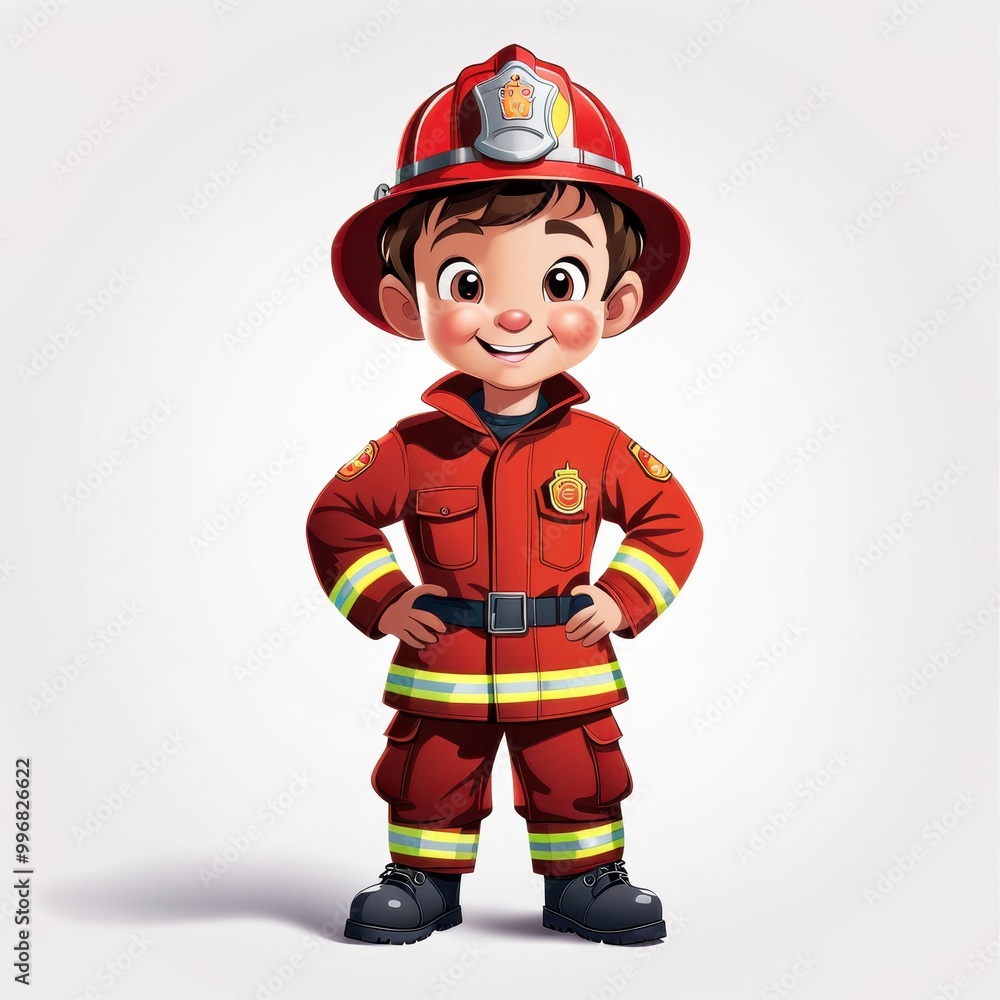 A cheerful cartoon boy dressed as a firefighter, ready for action and promoting fire safety. A cheerful cartoon boy dressed as a firefighter, ready for action and promoting fire safety.