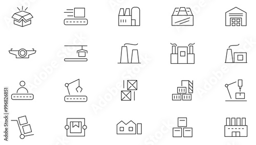 Factory line icon set. Manufacturing, commerce, containing assembly line, efficiency, standardization, automation, conveyor belt, replication, economies line icon set. UI thin line icon pack.