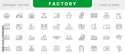 Factory line icon set. Manufacturing, commerce, containing assembly line, efficiency, standardization, automation, conveyor belt, replication, economies line icon set. UI thin line icon pack.