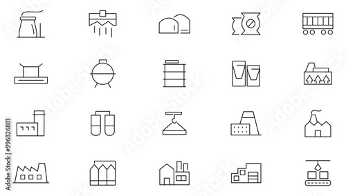 Factory line icon set. Manufacturing, commerce, containing assembly line, efficiency, standardization, automation, conveyor belt, replication, economies line icon set. UI thin line icon pack.