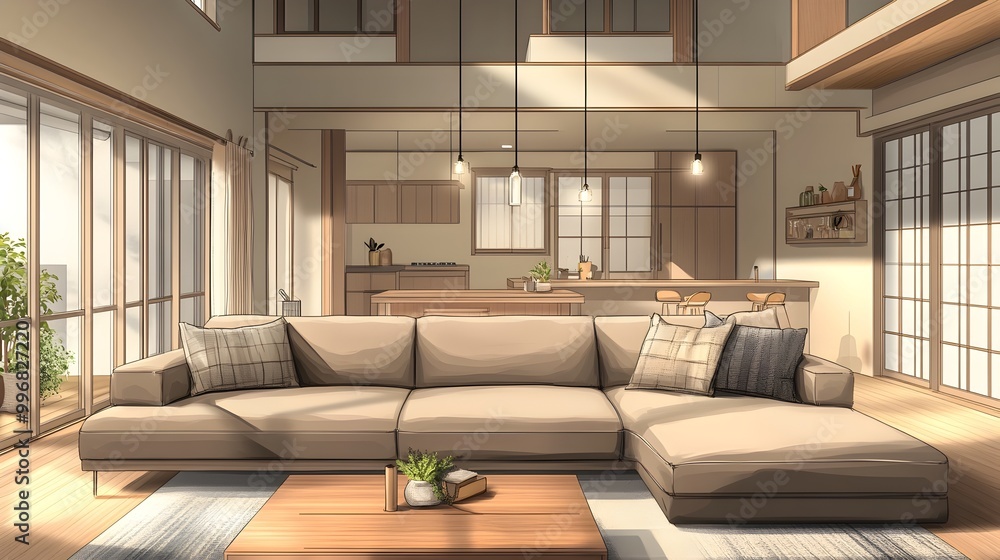 Cozy and welcoming open concept living space featuring a large L shaped sofa and a tasteful blend of modern and classic design elements The warm color accents bring character and a sense of comfort Cozy and welcoming open concept living space featuring a large L shaped sofa and a tasteful blend of modern and classic design elements The warm color accents bring character and a sense of comfort