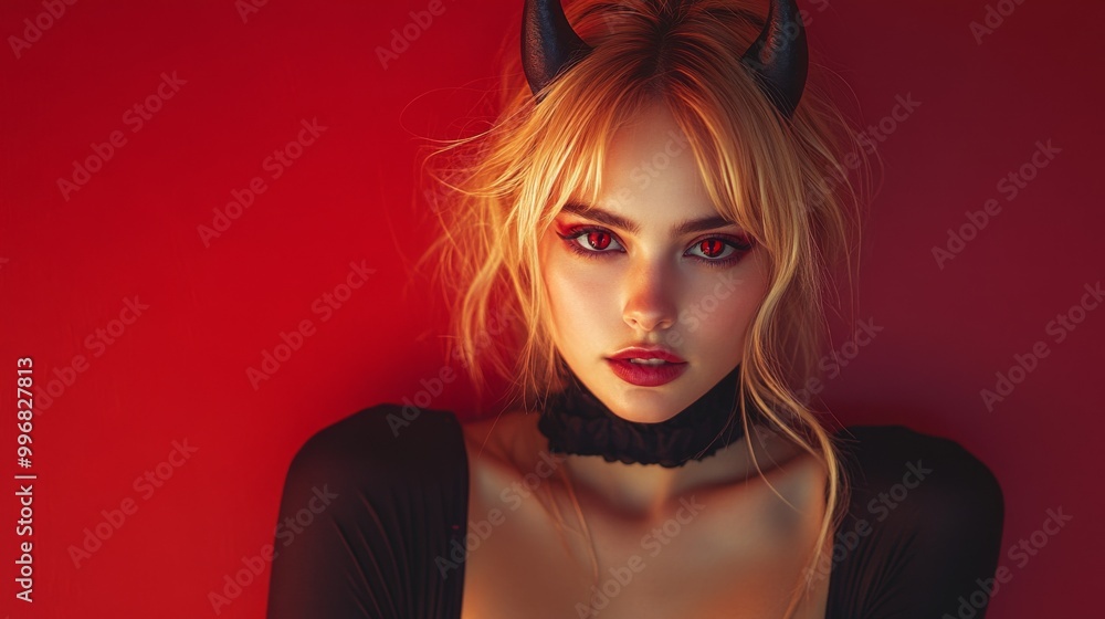 Obraz premium Seductive Demon Woman with Gothic Wings and Choker