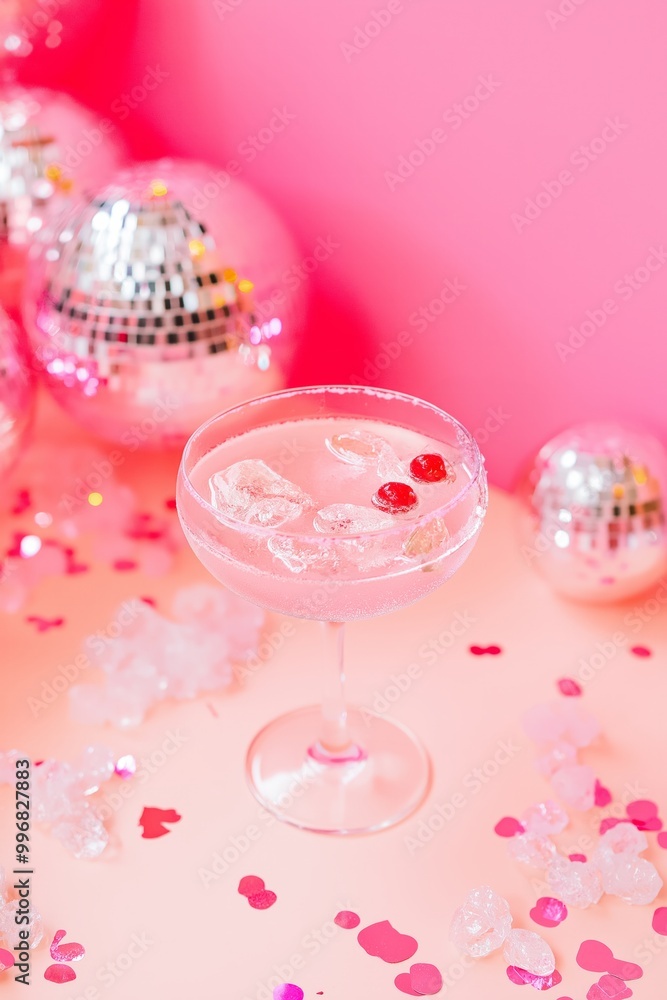 Pink cocktail with ice and cherries, surrounded by disco balls, scattered heart-shaped confetti Pink cocktail with ice and cherries, surrounded by disco balls, scattered heart-shaped confetti