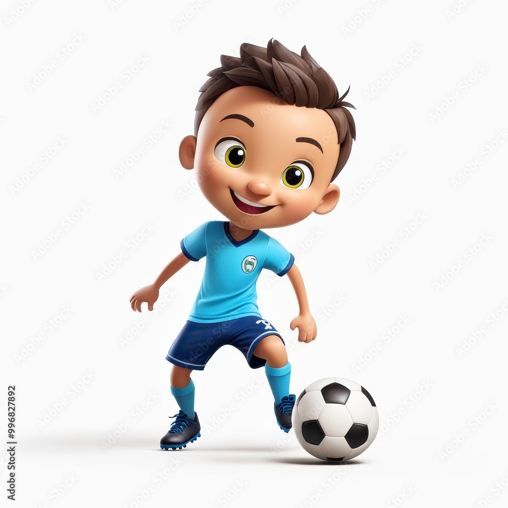 A cheerful cartoon boy in a blue soccer uniform dribbles a soccer ball. A cheerful cartoon boy in a blue soccer uniform dribbles a soccer ball.