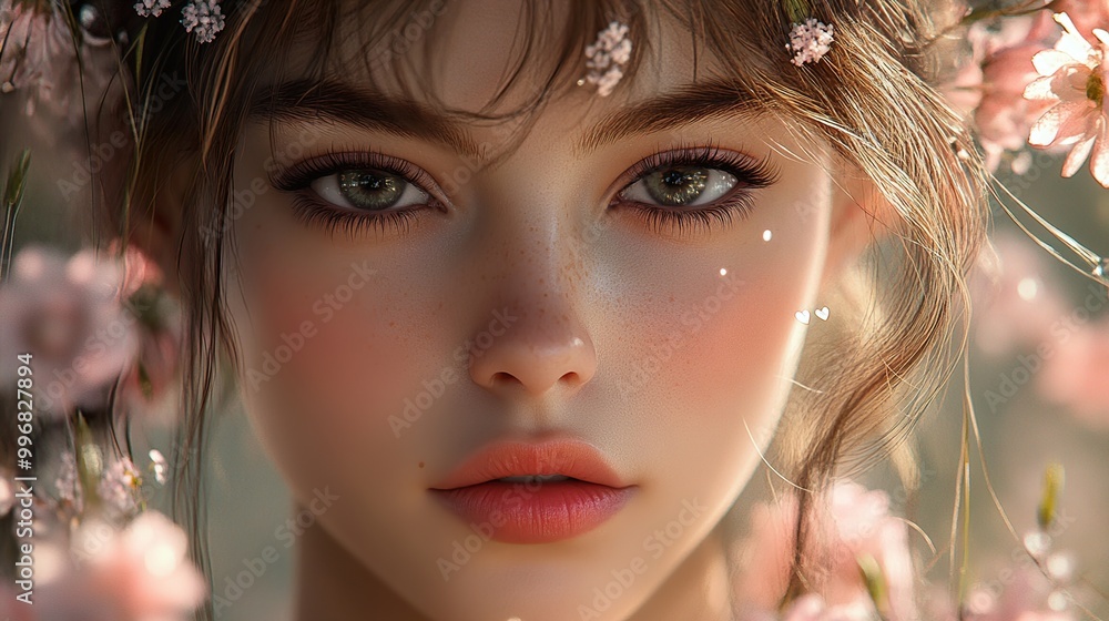 Close Up Portrait of a Woman with Flowers in Her Hair Close Up Portrait of a Woman with Flowers in Her Hair