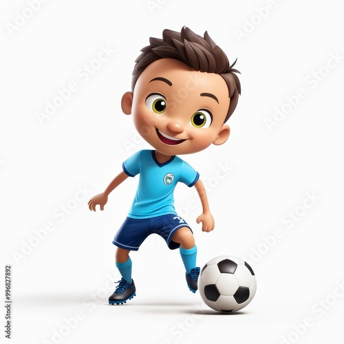 A cheerful cartoon boy in a blue soccer uniform dribbles a soccer ball.