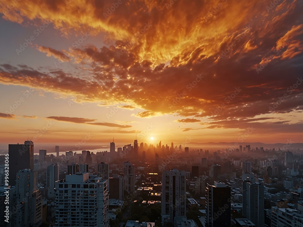AI-generated sunrise over a city. AI-generated sunrise over a city.