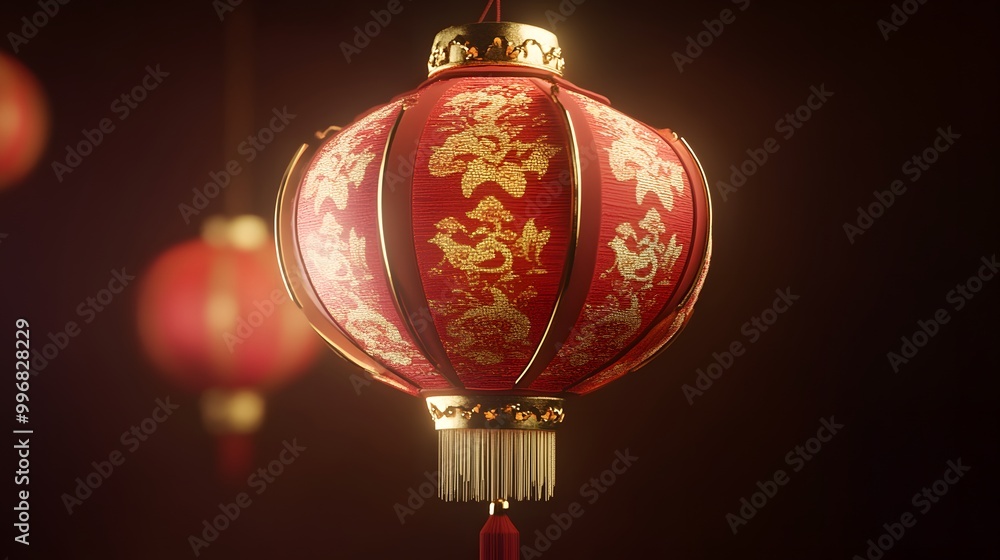 Oval Chinese lantern in red and gold with traditional patterns and minimal cartoon details Oval Chinese lantern in red and gold with traditional patterns and minimal cartoon details