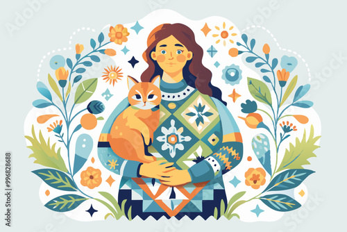 Folksy Illustration of Woman with Cat Surrounded by Floral Patterns