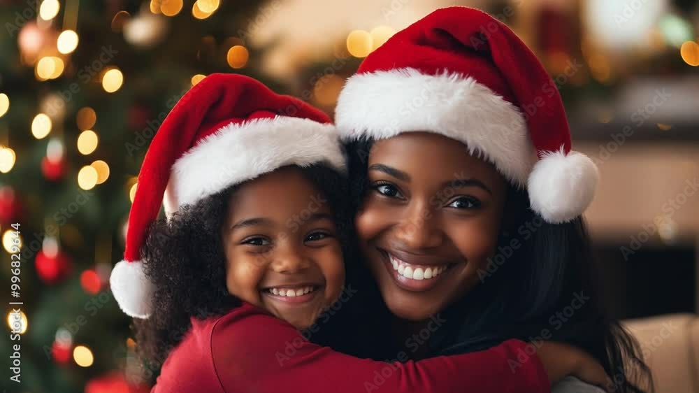 African American mother and daughter embrace warmly while wearing Santa hats, surrounded by festive decorations in their living room during Christmas Eve African American mother and daughter embrace warmly while wearing Santa hats, surrounded by festive decorations in their living room during Christmas Eve