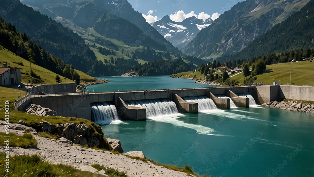 Alpine lake and dam in Switzerland generating eco-friendly hydropower. Alpine lake and dam in Switzerland generating eco-friendly hydropower.