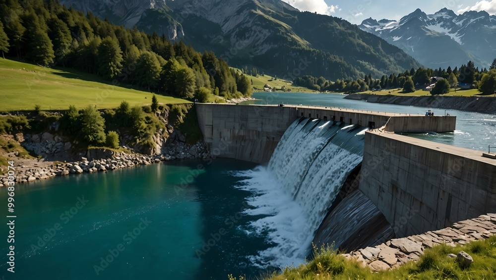 Alpine lake and dam in Switzerland generating eco-friendly hydropower. Alpine lake and dam in Switzerland generating eco-friendly hydropower.