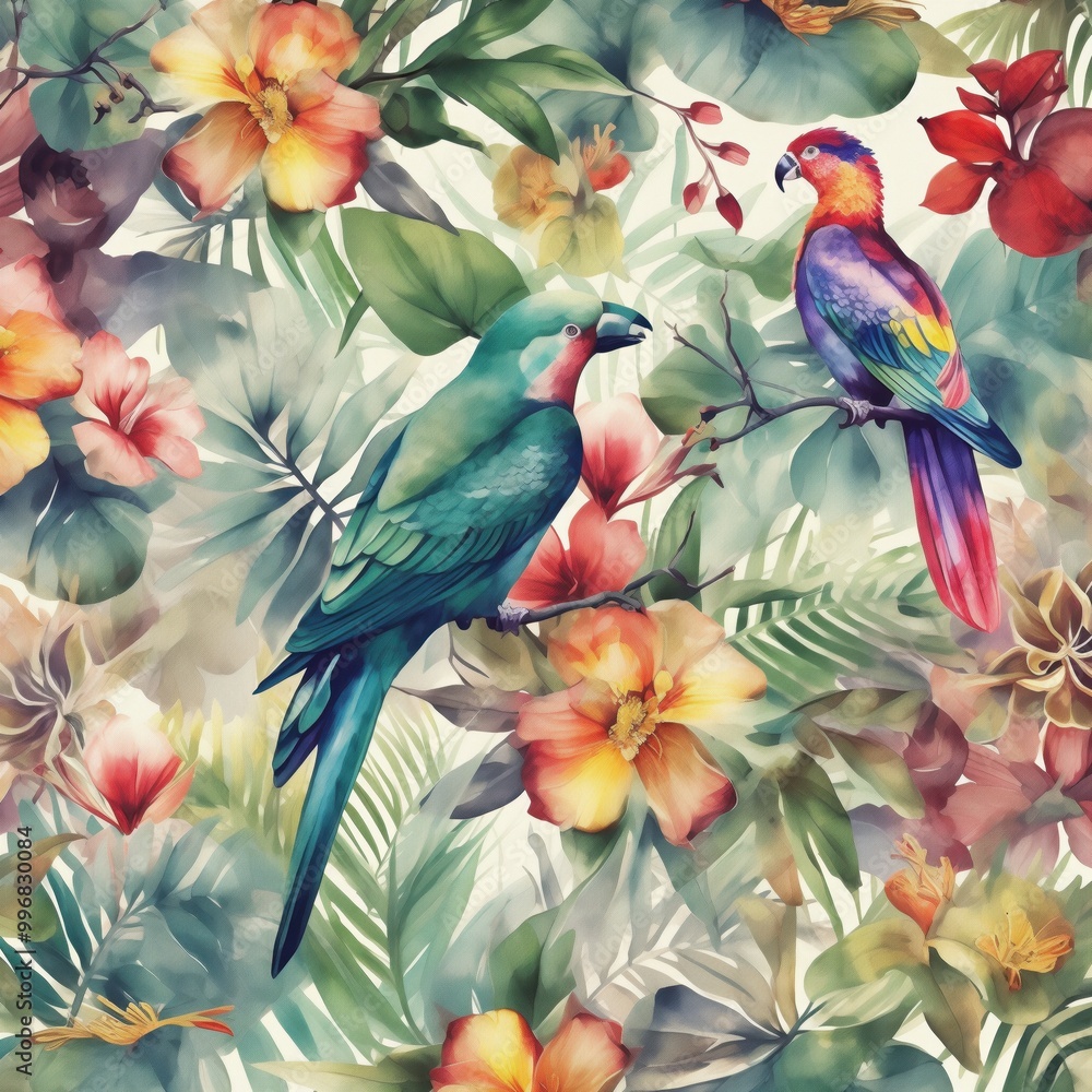 Obraz premium Vividly Beautiful Colorful Parrots Surrounded by Lush Tropical Flora and Botanical Elements