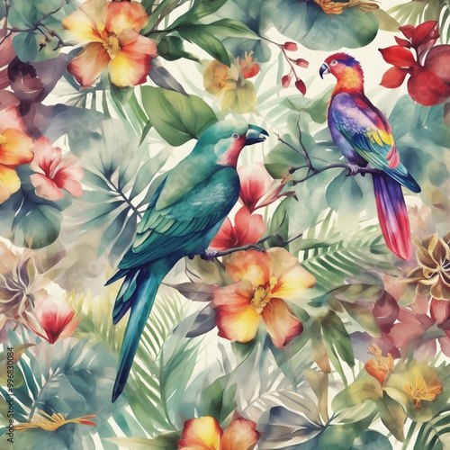 Vividly Beautiful Colorful Parrots Surrounded by Lush Tropical Flora and Botanical Elements